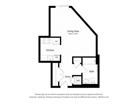 Floor plan for studio, 1 bath, 488 sqft